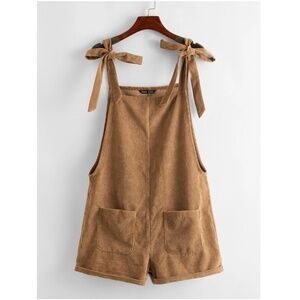 Brown Camel Corduroy Knot Shoulder Overall Shorts with Pockets